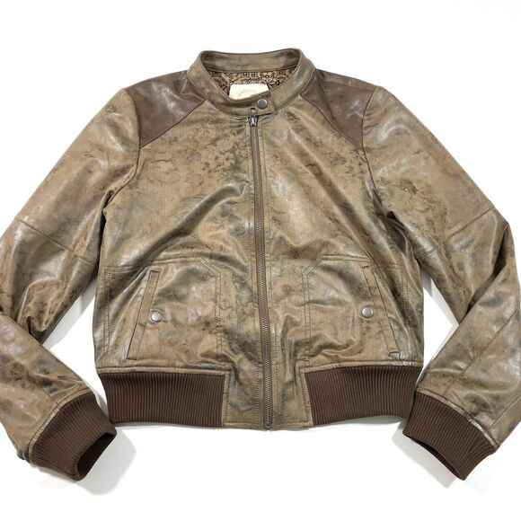 ANTHROPOLOGIE HEI HEI Brown Vegan Faux Leather Knit Cuff Bomber Jacket Coat XS - Picture 10 of 10